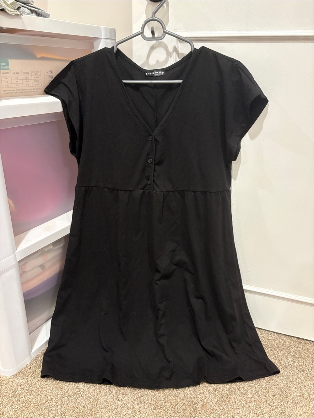 SHEIN Black V-Neck Button Front Midi Dress